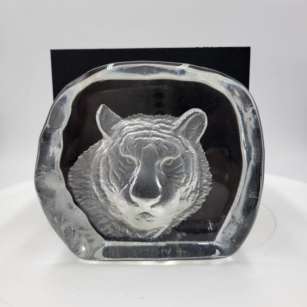 Cristal d' Arques France Etched Crystal Glass Tiger Face Sculpture Paperweight